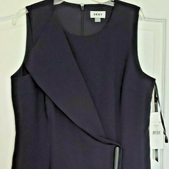 DKNY Navy Power Sheath Faux Wrap Front Dress - Picture 1 of 13